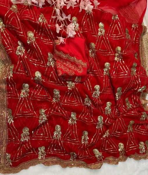 Urvashi Rautela in Glam Red Georgette Saree  Zari  & Sequin Bridal Look Bollywood Fancy Sarees Wholesale