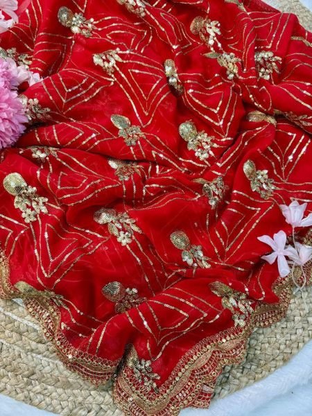 Urvashi Rautela in Glam Red Georgette Saree  Zari  & Sequin Bridal Look Bollywood Fancy Sarees Wholesale