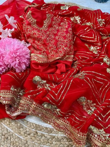 Urvashi Rautela in Glam Red Georgette Saree  Zari  & Sequin Bridal Look Bollywood Fancy Sarees Wholesale