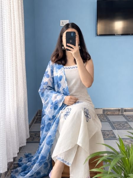 v Blue Party Wear Rayon Slub Suit Set with Digital Print Dupatta For Festival Wear 