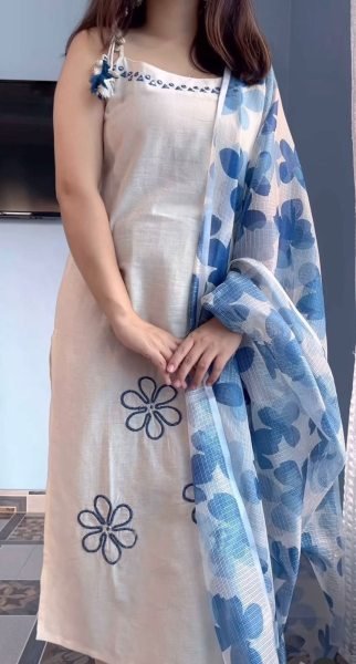 v Blue Party Wear Rayon Slub Suit Set with Digital Print Dupatta For Festival Wear Embroidery Kurtis 