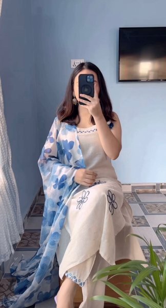 v Blue Party Wear Rayon Slub Suit Set with Digital Print Dupatta For Festival Wear Embroidery Kurtis 