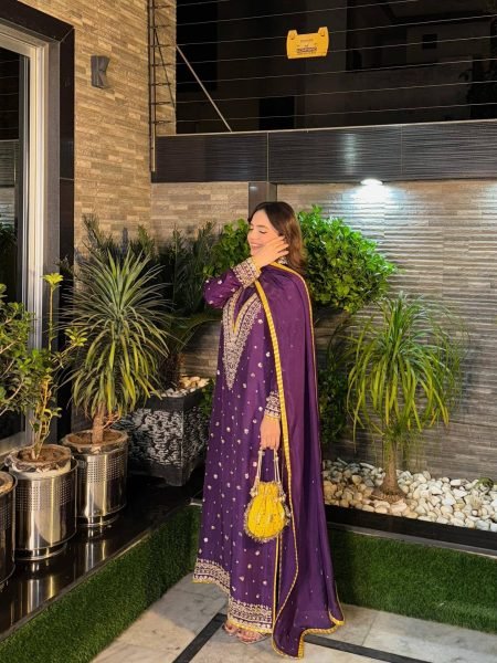 V Neck Purple Embroidered Chinon Straight Cut Suit Wholesale Rate 