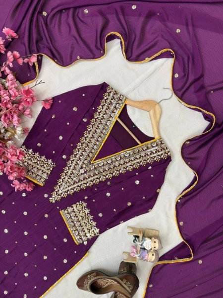 V Neck Purple Embroidered Chinon Straight Cut Suit Wholesale Rate Ready To Wear Collection
