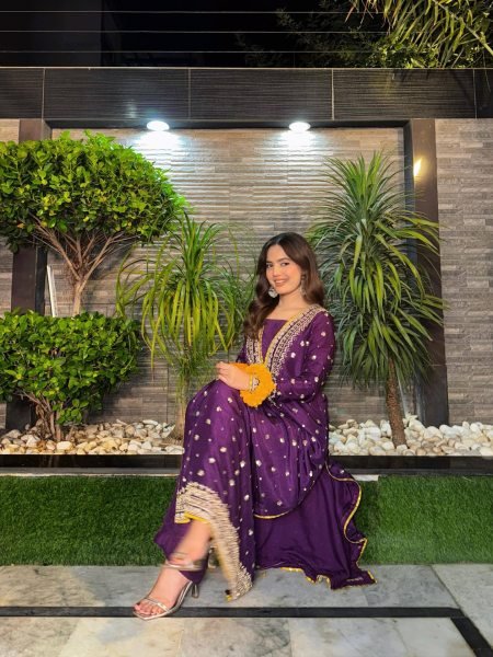 V Neck Purple Embroidered Chinon Straight Cut Suit Wholesale Rate Ready To Wear Collection