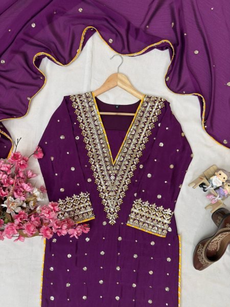 V Neck Purple Embroidered Chinon Straight Cut Suit Wholesale Rate Ready To Wear Collection