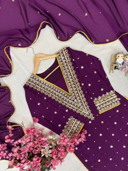 V Neck Purple Embroidered Chinon Straight Cut Suit Wholesale Rate Ready To Wear Collection