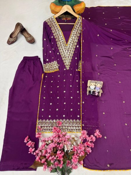 V Neck Purple Embroidered Chinon Straight Cut Suit Wholesale Rate Ready To Wear Collection