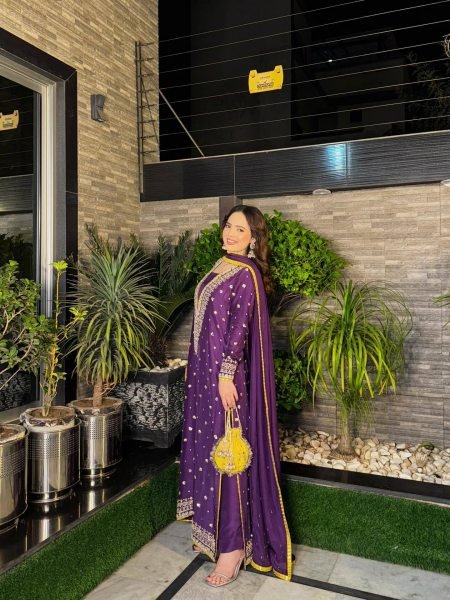 V Neck Purple Embroidered Chinon Straight Cut Suit Wholesale Rate Ready To Wear Collection