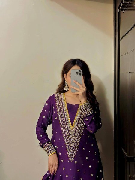 V Neck Purple Embroidered Chinon Straight Cut Suit Wholesale Rate Ready To Wear Collection