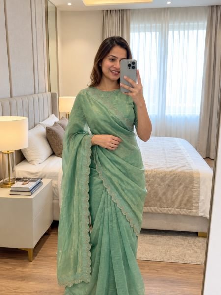 Irresistible Pista Space Soft Silk Saree with Swarovski Lace Border Blouse at Factory Price 