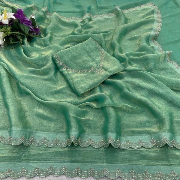 Irresistible Pista Space Soft Silk Saree with Swarovski Lace Border Blouse at Factory Price Silk Sarees Wholesale