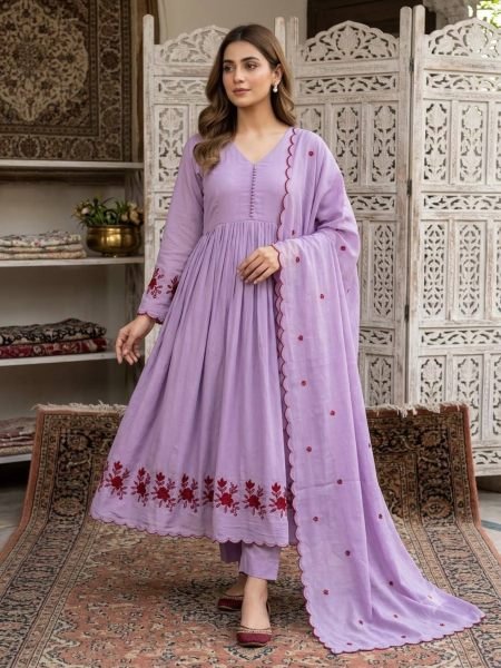 v Purple Designer Mul Chanderi Gown with Sequence Pipe Embroidery at Wholesale Rate Ready To Wear Suit