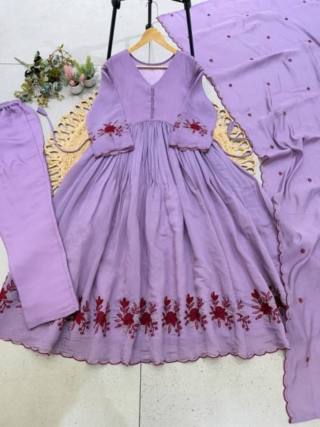 Intuitive Purple Designer Mul Chanderi Gown with Sequence Pipe Embroidery at Wholesale Rate Ready To Wear Collection