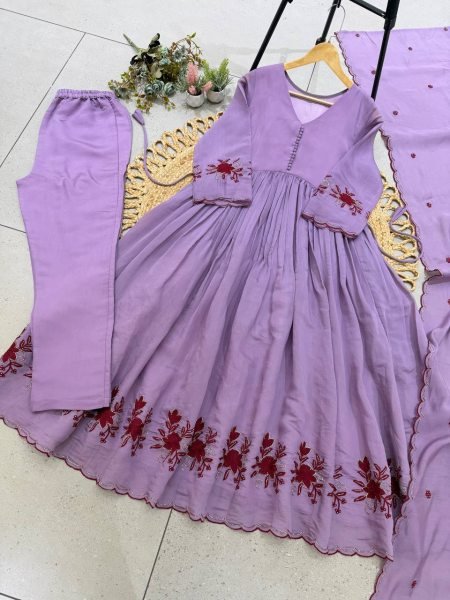 Intuitive Purple Designer Mul Chanderi Gown with Sequence Pipe Embroidery at Wholesale Rate Ready To Wear Collection