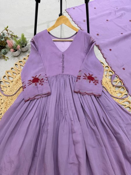 Intuitive Purple Designer Mul Chanderi Gown with Sequence Pipe Embroidery at Wholesale Rate Ready To Wear Collection