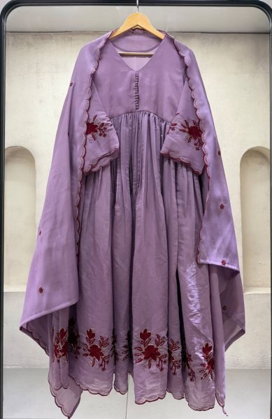 Intuitive Purple Designer Mul Chanderi Gown with Sequence Pipe Embroidery at Wholesale Rate Ready To Wear Collection