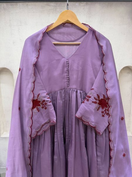 Intuitive Purple Designer Mul Chanderi Gown with Sequence Pipe Embroidery at Wholesale Rate Ready To Wear Collection