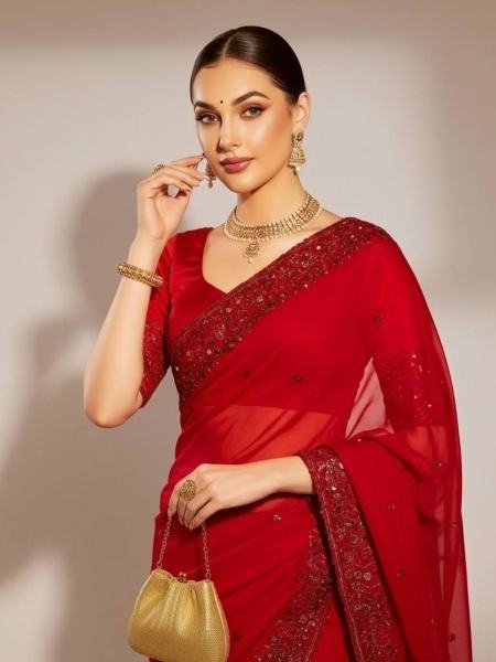 Valentine Special Red Satin Silk Designer Saree with Embroidered Blouse And Thread Cutwork Border 