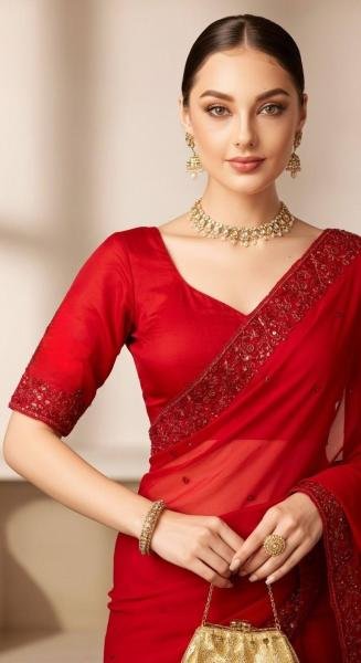 Valentine Special Red Satin Silk Designer Saree with Embroidered Blouse And Thread Cutwork Border Bollywood Fancy Sarees Wholesale