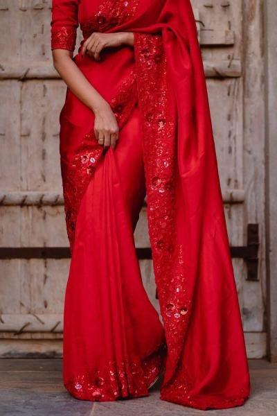 Valentine Special Red Satin Silk Designer Saree with Embroidered Blouse And Thread Cutwork Border Bollywood Fancy Sarees Wholesale