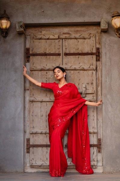 Valentine Special Red Satin Silk Designer Saree with Embroidered Blouse And Thread Cutwork Border Bollywood Fancy Sarees Wholesale