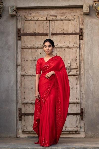 Valentine Special Red Satin Silk Designer Saree with Embroidered Blouse And Thread Cutwork Border Bollywood Fancy Sarees Wholesale