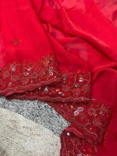 Valentine Special Red Satin Silk Designer Saree with Embroidered Blouse And Thread Cutwork Border Bollywood Fancy Sarees Wholesale