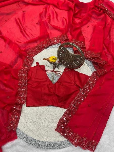 Valentine Special Red Satin Silk Designer Saree with Embroidered Blouse And Thread Cutwork Border Bollywood Fancy Sarees Wholesale