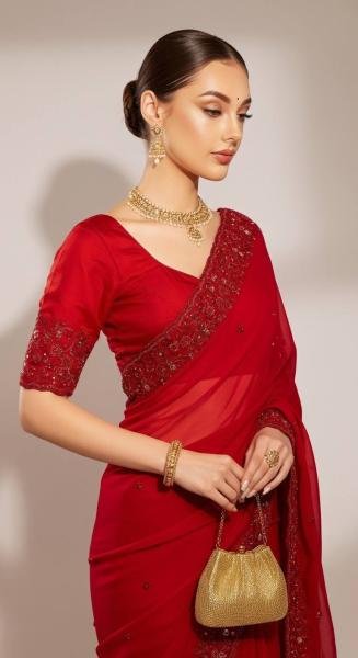 Valentine Special Red Satin Silk Designer Saree with Embroidered Blouse And Thread Cutwork Border Bollywood Fancy Sarees Wholesale