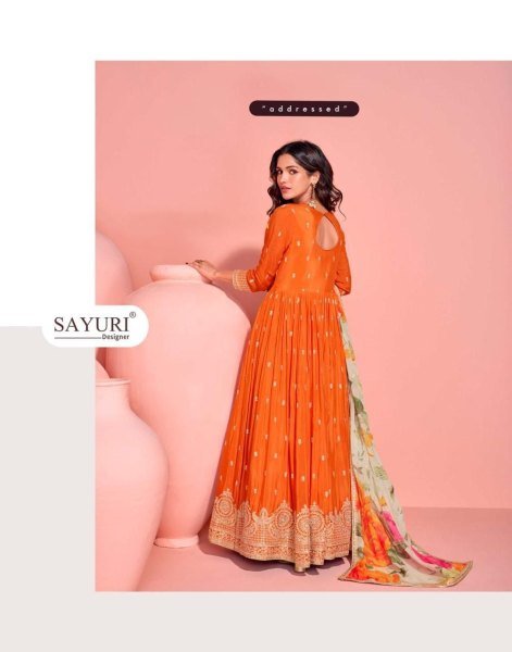 Vartika Singh Chinon Silk Fabric Luminous Readymade Gown With Dupatta In Orange Color Full Set Salwar Kameez