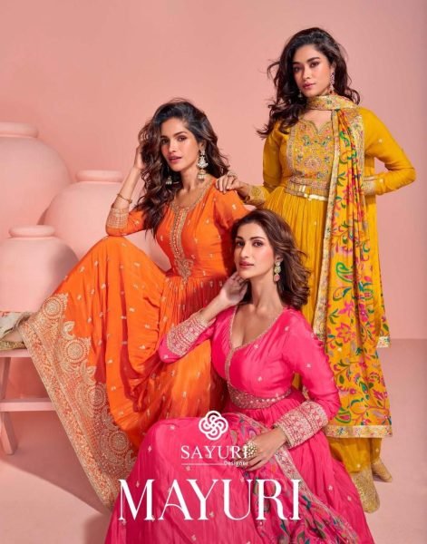 Vartika Singh Chinon Silk Fabric Luminous Readymade Gown With Dupatta In Orange Color Full Set Salwar Kameez
