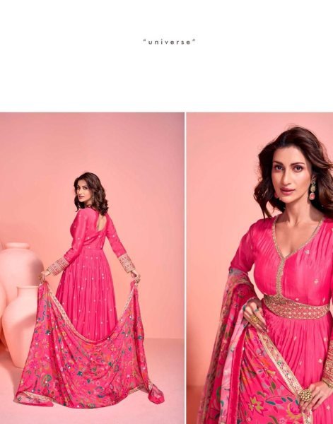 Vartika Singh Chinon Silk Fabric Luminous Readymade Gown With Dupatta In Orange Color Full Set Salwar Kameez