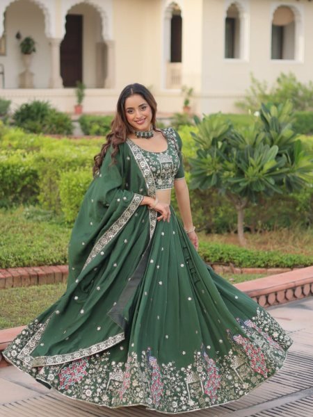 Velmora Green Vichitra Silk Embroidered Lehenga with Sequins Work for Wedding Wear 