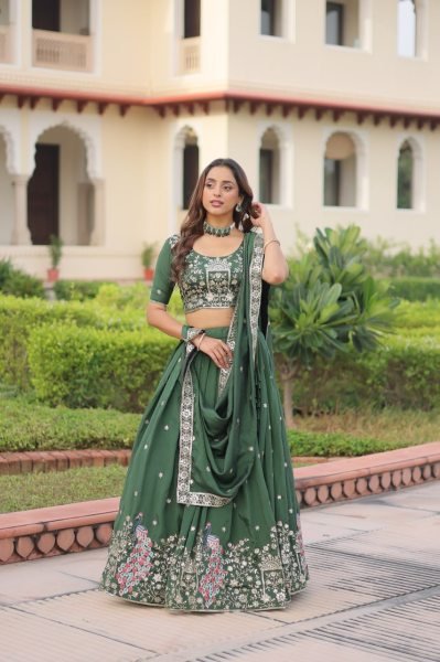 Velmora Green Vichitra Silk Embroidered Lehenga with Sequins Work for Wedding Wear Designer Lehenga Choli