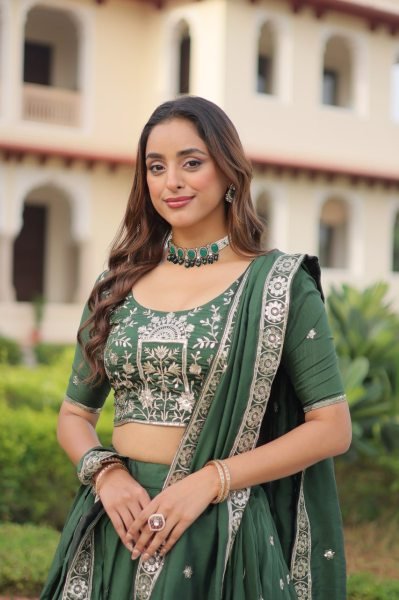 Velmora Green Vichitra Silk Embroidered Lehenga with Sequins Work for Wedding Wear Designer Lehenga Choli
