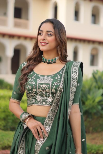 Velmora Green Vichitra Silk Embroidered Lehenga with Sequins Work for Wedding Wear Designer Lehenga Choli