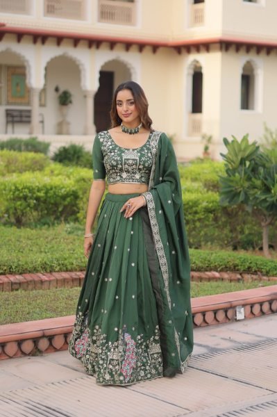 Velmora Green Vichitra Silk Embroidered Lehenga with Sequins Work for Wedding Wear Designer Lehenga Choli