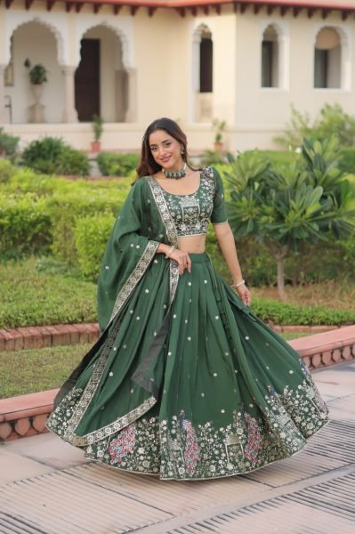 Velmora Green Vichitra Silk Embroidered Lehenga with Sequins Work for Wedding Wear Designer Lehenga Choli