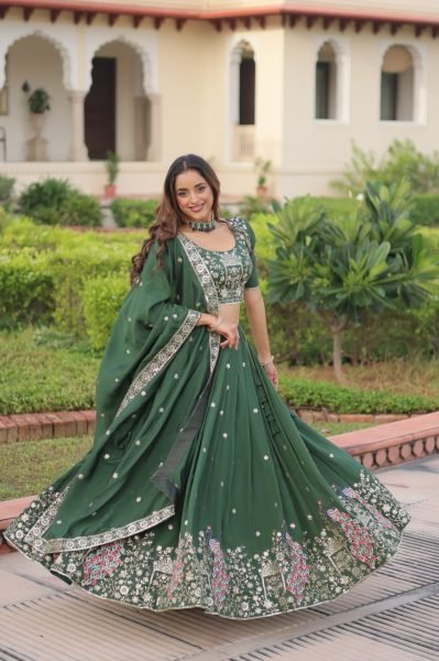 Velmora Green Vichitra Silk Embroidered Lehenga with Sequins Work for Wedding Wear Designer Lehenga Choli