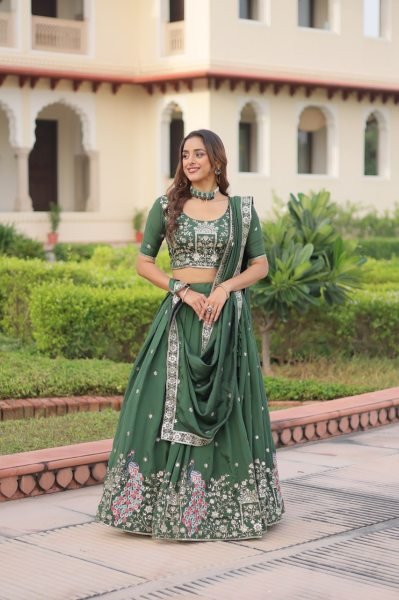 Velmora Green Vichitra Silk Embroidered Lehenga with Sequins Work for Wedding Wear Designer Lehenga Choli