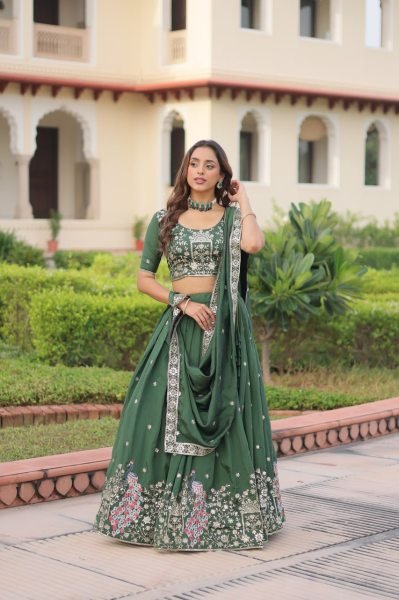 Velmora Green Vichitra Silk Embroidered Lehenga with Sequins Work for Wedding Wear Designer Lehenga Choli