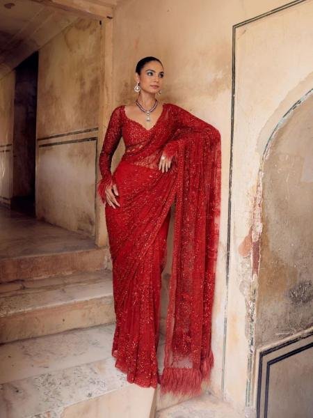 Bollywood Red Butterfly Net Saree with 5mm Sequins Embroidery for Party And Reception Sarees 