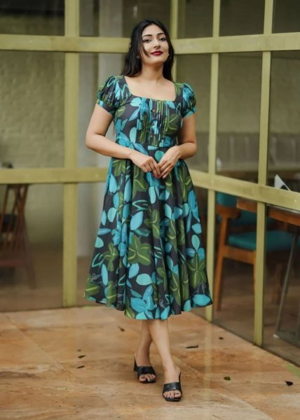 Versatile Black Blue Green Abstract Floral A Line Dress for Women Western Ladies Top Wholesale