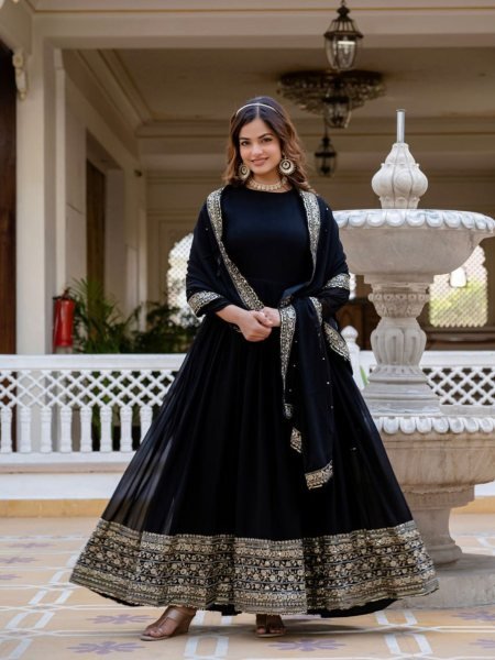 Versatile Black Faux Blooming Gown with Sequins Work for Party Wear Kurtis