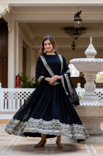 Versatile Black Faux Blooming Gown with Sequins Work for Party Wear Kurti With Dupatta Wholesale