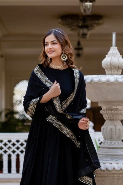 Versatile Black Faux Blooming Gown with Sequins Work for Party Wear Kurti With Dupatta Wholesale