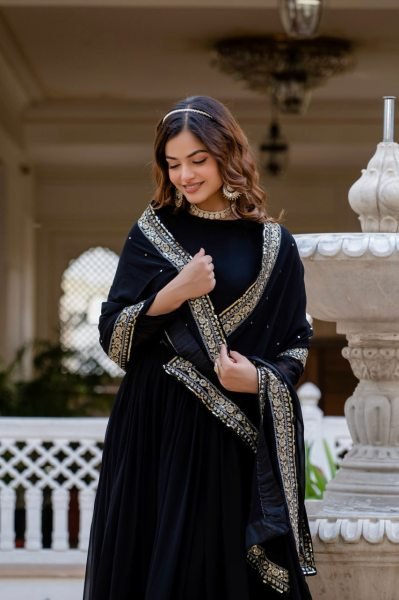 Versatile Black Faux Blooming Gown with Sequins Work for Party Wear Kurti With Dupatta Wholesale