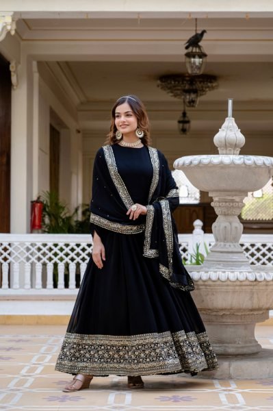 Versatile Black Faux Blooming Gown with Sequins Work for Party Wear Kurti With Dupatta Wholesale