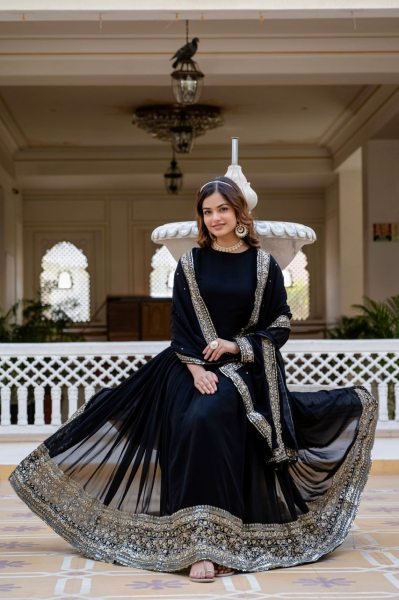 Versatile Black Faux Blooming Gown with Sequins Work for Party Wear Kurti With Dupatta Wholesale